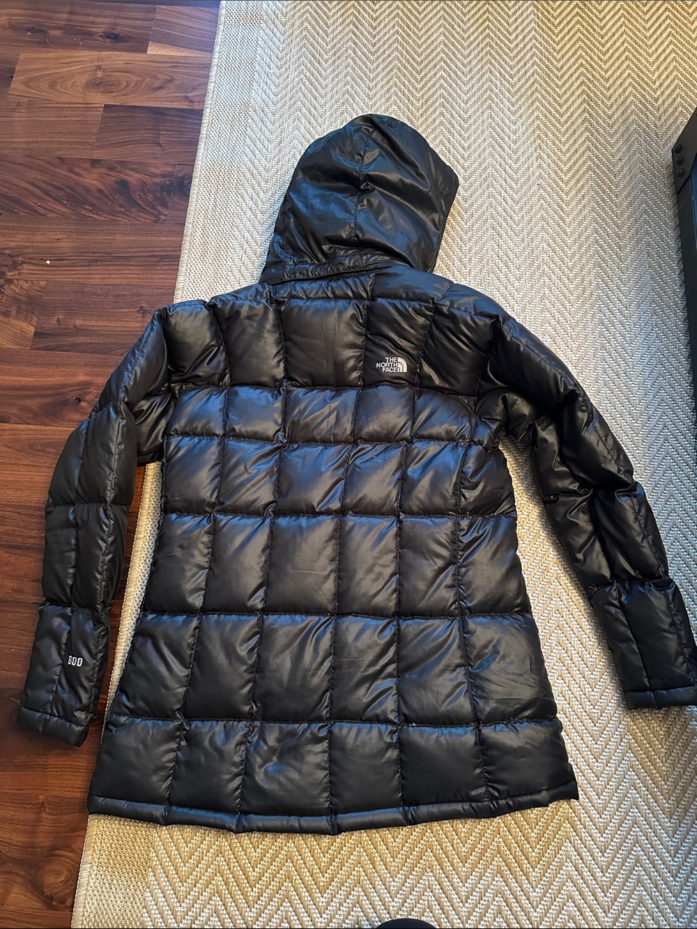 North Face women’s down coat jacket long 600 large black hooded parka - Picture 2 of 7